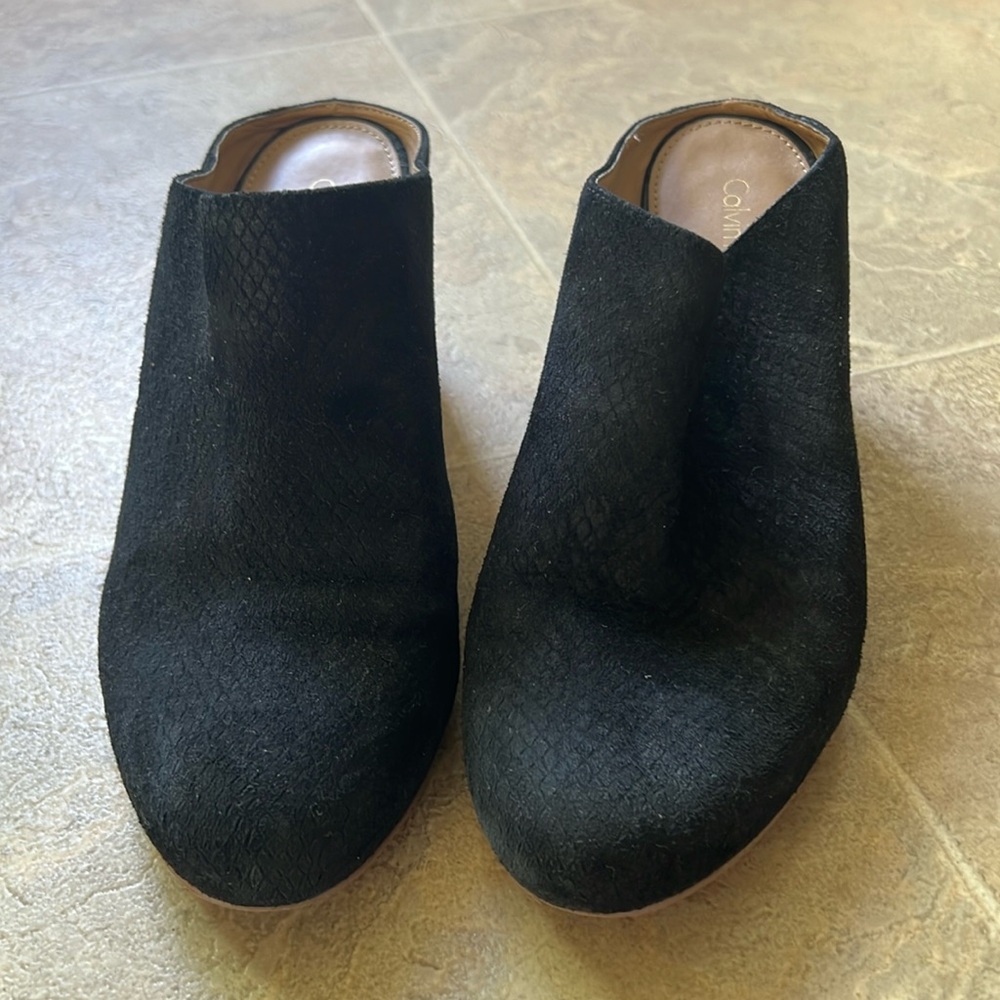 Calvin Klein black mules with wood heel